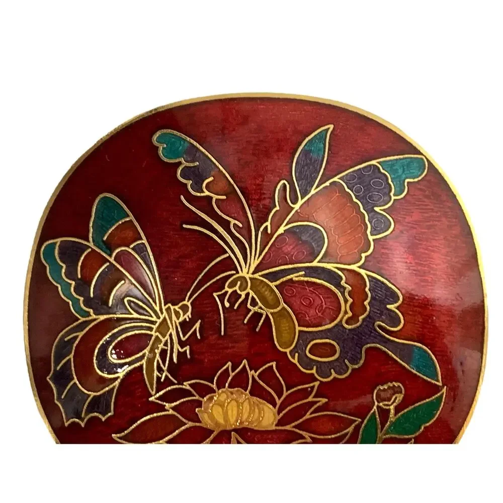 70s Cloisonné Belt Buckle | Red and Gold Butterfly & Flowers | 2.25